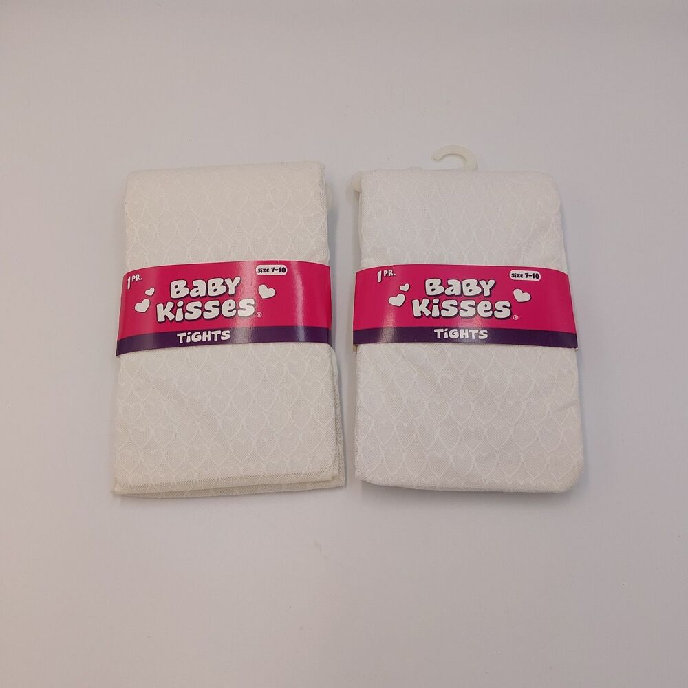 Baby Kisses Tights white Pantyhose Pack of 2, Size 7-10 Hearts Pattern Nylon